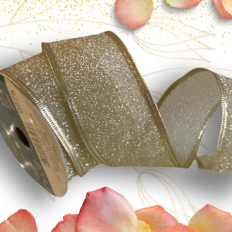 AoneFun Gold Wired Ribbon - Wired for Tree Christmas Tree Wrap Around Mesh Gold Christmas Ribbon for Tree with Wire for Gift Wrapping Holiday 1-1/2" - Image 1